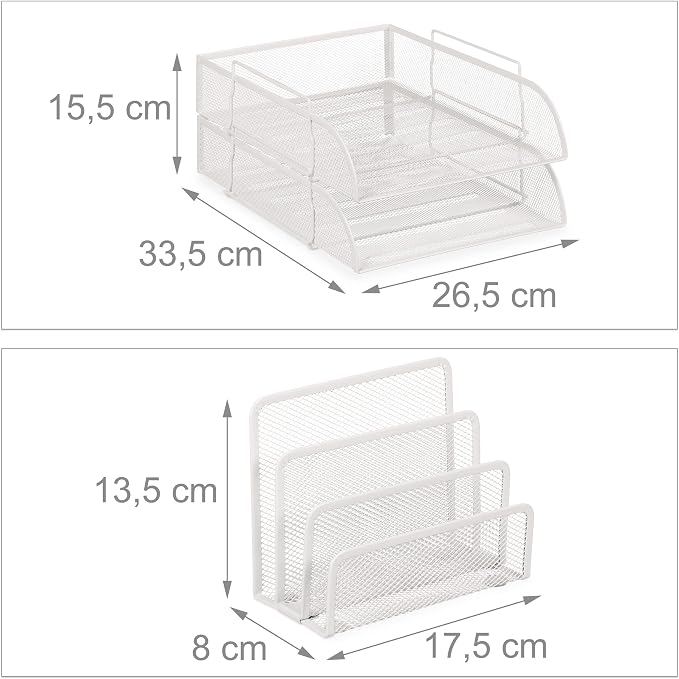 Relaxdays Desk Organiser Set, 100% steel, White, 8.5 x 26.5 x 33.5 cm