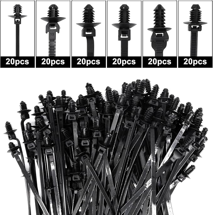 120 PCS Push Mount Zip Ties, Nylon Car Mount Wire Ties Snap in Cable Zip Ties, Black Push Mount Cable Ties Automotive Zip Ties Fastener Wire Harness Clips for Wire Tying (6-Types)