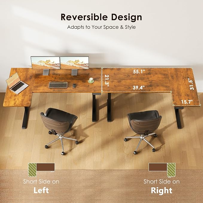 OffiGo Electric L Shaped Standing Desk, 55 Inches Height Adjustable Table, Reversible Corner Stand Up Desk, Lifting Computer Table for Home Office, Computer Workstation, Rustic Brown