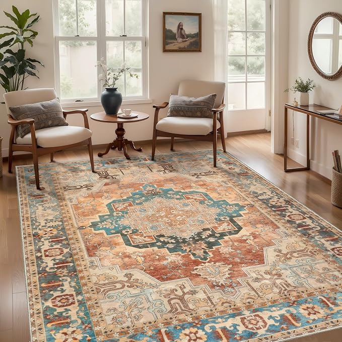 Tangsoo 5x7 Area Rug Washable for Living Room, Vintage Rug Indoor Non Slip Large Area Rugs, Print Distressed Orange Carpet, Soft Low Pile Foldable Floor Rug for Bedroom Dining Room Dorm