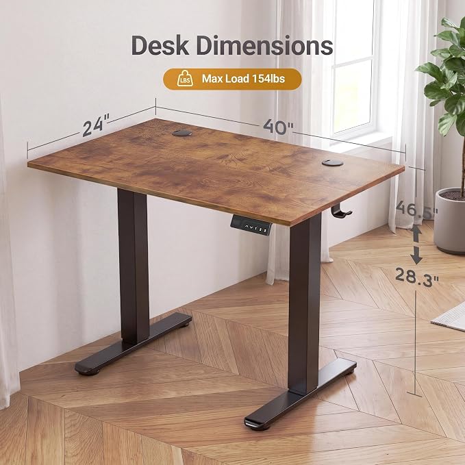Claiks 40 x 24 Inch Rustic Brown Electric Standing Desk | Adjustable Height, Sit Stand, 3 Memory Presets, Cable Management, Space-Optimized, Home Office & Bedroo