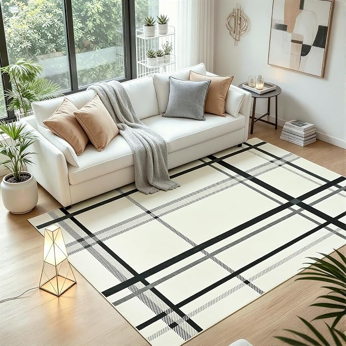 Terrug Plaid Area Rug for Bedroom, Beige 4x6 Checkered Rugs Washable with Non Slip for Living Room, Soft Low Pile Stain Resistance Abstract Carpet for Kids Room