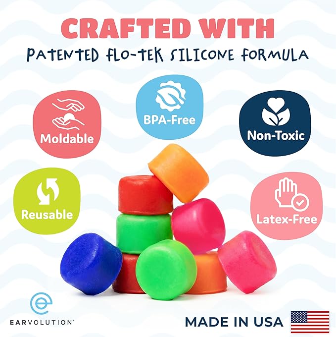 Earvolution Floating Putty Buddies Swim Earplugs - Doctor-Invented, Made in USA, Moldable Premium Silicone Plugs Help Prevent Swimmer's Ear, 3 Pair Pack - Red/White/Blue