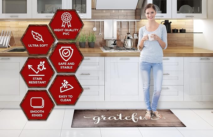 J&V TEXTILES Anti Fatigue Kitchen Runner Mat- 20" x 55" Oversized Long Non Slip PVC Rubber Kitchen Area Rug- Cushioned Comfort Mat With Foam Backing For Office Standing Desk Or Laundry Room [Grateful]