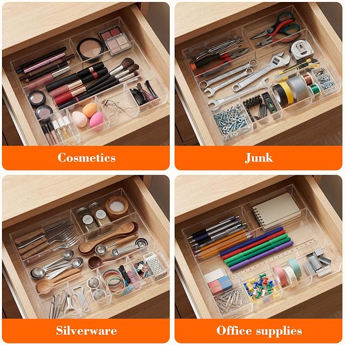 Large Acrylic Desk Deep Drawer Organizer with Adjustable Dividers, Anti-skip Clear Desk Top Junk Drawer Storage Tray for Pens, Desktop, Office, Bathroom, Kitchen, Makeup Supplies(7 Compartments)