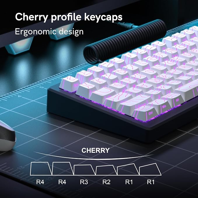 dagaladoo White Topographic keycaps Line Backlit keycaps Shine Through Keyboard Keys Side Printed Key caps Cherry Profile keycap Set for 61/64/66/68/71/75/84/87 Mechanical Keyboards 98key