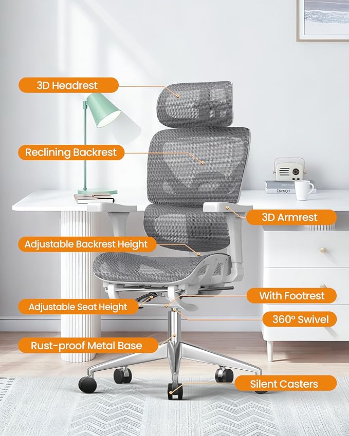 naspaluro Ergonomic Office Chair Lumbar Support High Back 350lbs Capacity | Adjustable Height Breathable Mesh Swivel Desk Chair with 3D Armrest Headrest, Footrest, PU Wheels, Comfy Computer Chair Grey