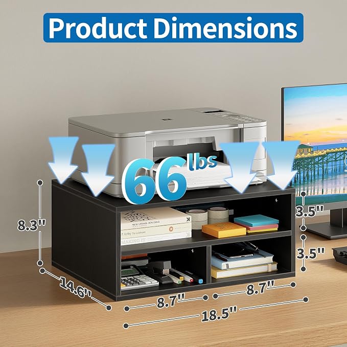 ALISENED Printer Stand for Desk, 2-Tier Wooden Desk Organizer with Adjustable Compartments, Heavy Duty Desktop Stand for Printer Scanner Monitor, Space Saving Office Organization and Storage, Black