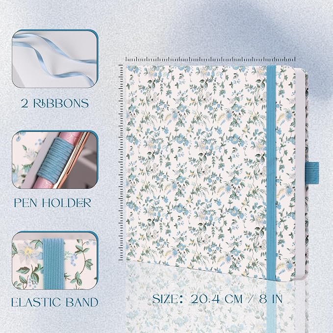 TIEFOSSI Dotted Journal Notebook, Dot Grid Notebook for Women Men, Fabric Flower Journal, 160 GSM Thick Paper, 160 Numbered Pages, 8 x 8 Square Diary
