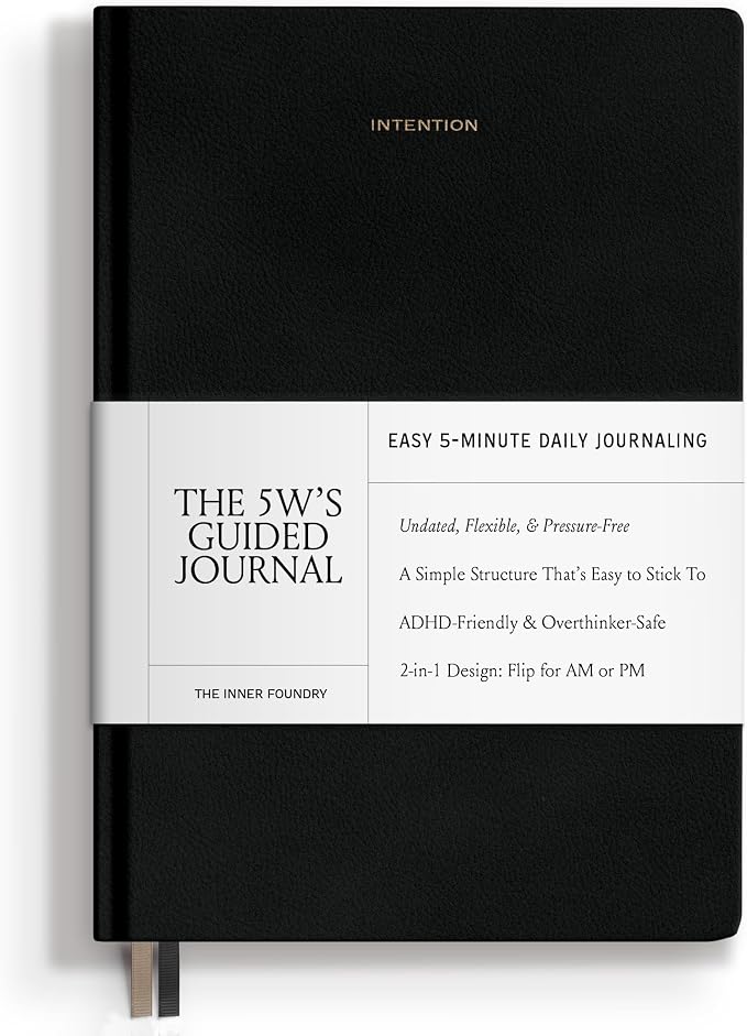 10-Minute Morning & Night Journal – Reversible AM/PM Guided Notebook for Mindfulness, Focus & Consistency – Undated Daily Journal in Black Vegan Leather | The 5W’s Guided Journal by The Inner Foundry