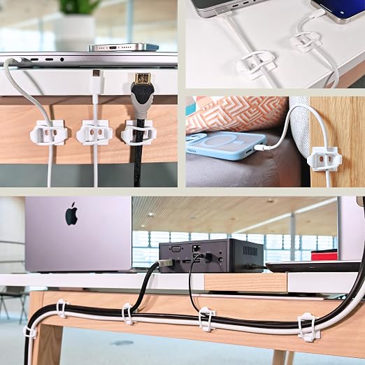 [Made in the UK] 10-Pack Adjustable Elastic Adhesive Cable Clips, Wire Management Holder, Cord Organizer for Home Office, Under Desk, Behind TV, Phone Charger, Laptop, PC, HDMI, USB (White)