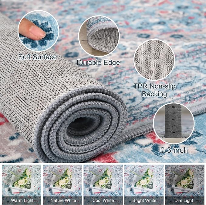 Blue Washable Boho Area Rug for Bedroom, 3x5 Vintage Floral Non Slip Rugs, Soft Low Pile Indoor Mat, Aesthetic Pattern Carpet for Living Room, Kitchen, Dining Room and Bedside