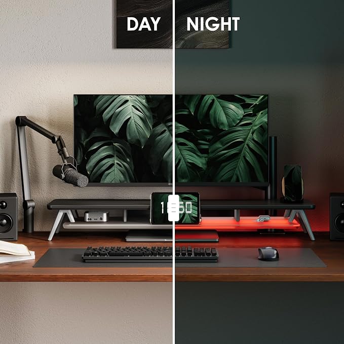 Fenge Dual Monitor Stand with 8-Mode LED Lights and Frosted Shelf, Black | Sturdy Aluminum Legs, Built-In Phone & Tablet Slot, 2-Tier Storage, 42.5-Inch Desk Shelf for Gaming, Home Office & Streaming