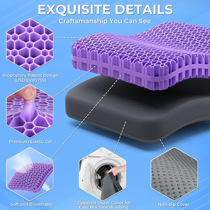 TushGuard Gel Seat Cushion for Long Sitting, Enlarged & Thickened Patent Design, Breathable Cooling for Office Chair, Soft Car Seat Cushion for Wheelchair (2.2" Thick, Grey)