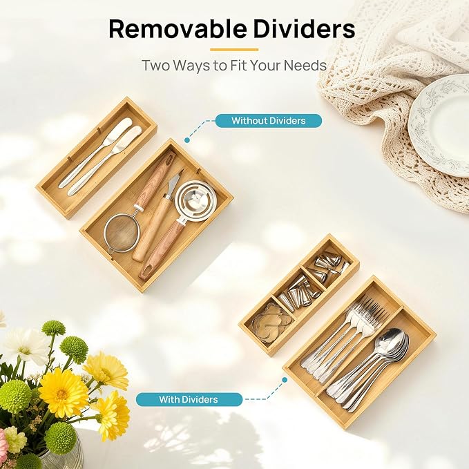 Vtopmart 7 Pack Bamboo Drawer Organizer Boxes, Junk Drawer Organizers | Natural Bamboo Storage Trays, Non-Slip Base, Kitchen Bathroom Office Vanity Drawers, Multi-Size Organizer Boxes, Makeup Tools