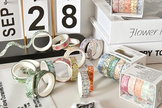 Flowers Washi Tape Set 30 Rolls Floral Patterns Decorative Skinny Slim Masking Tapes for Arts, DIY Crafts, Journals, Planners, Scrapbook, Wrapping (Blossoms Flourish)