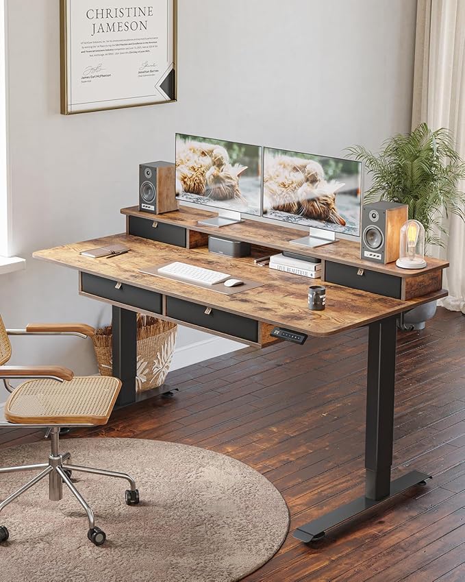 CubiCubi 48" x 24" Standing Desk with Drawers, Electric Height Adjustable Workstation, Computer Sit Stand Up Office Table with Large Storage Shelf, 4 Drawers and 2 Hooks, Vintage Brown