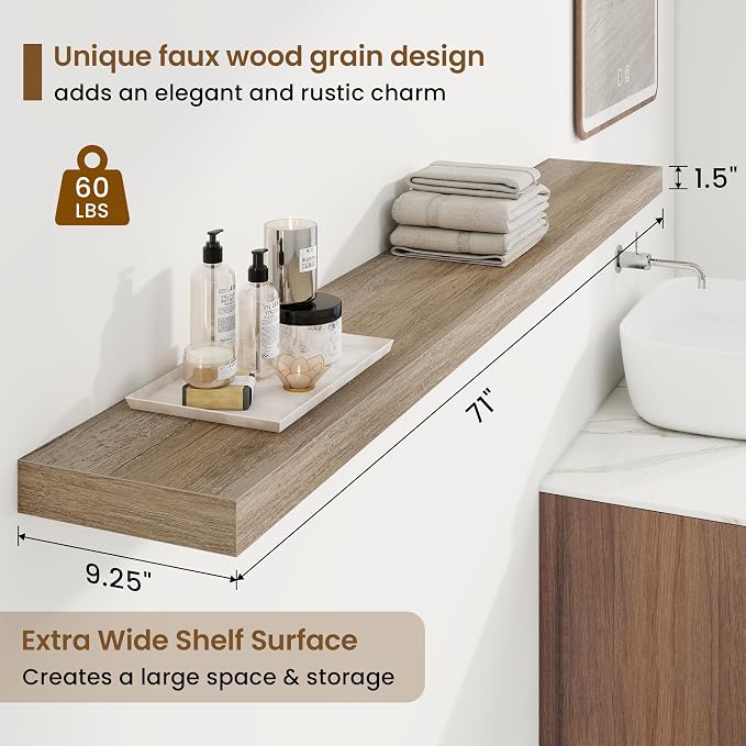 Marsmiles 55in Floating Shelves for Wall, 72" W x 9.25" D x 1.5" H, Long Wall Mounted Engineered Wood Shelves with Invisible Brackets for Living Room, Bedroom, Bathroom, Kitchen, Grey, 2Pcs