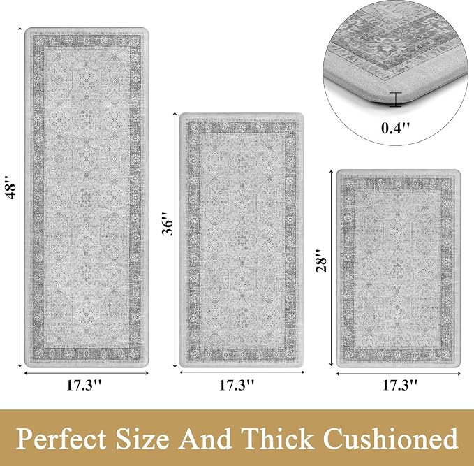 Pauwer Anti Fatigue Kitchen Floor Mats Set of 3, Cushioned Rugs, Light Grey | Non Slip Comfort Standing Mat, PVC Foam Padded Kitchen Rugs, Waterproof Sink Rug for Small Kitchen Area, Laundry Room
