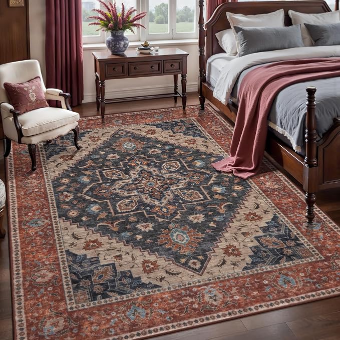 Tangsoo Vintage 4x6 Area Rug, Washable Non Slip Indoor Rugs, Oriental Machine Washable Rug Carpet, Soft Low Pile Foldable Floor Rugs for Dining Room Bedroom Living Room Home Decor Dark Blue/Orange