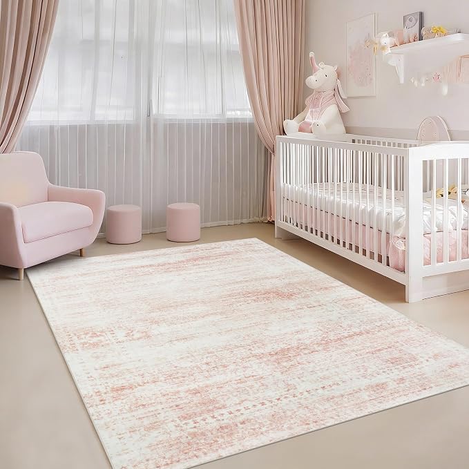 Srugn Washable Rugs 4x6 Area Rugs for Living Room,Bedroom,Kids Room,Nursery- Soft Faux Wool Small Carpets,Non Slip&Non-Shedding Low Pile Vintage Print Rugs for Enterway,Home Office Decor-Pink White