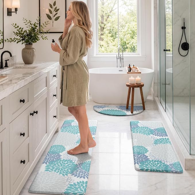 KIMODE Half Circle Anti Fatigue Mats for Kitchen Floor Rug Sets of 3 | 18"x28+18"x47"+18"x59",Blue White,Dahlia Floral Boho,3PCS,Non Slip,Waterproof,for Sink Office Laundry Bathroom Decor