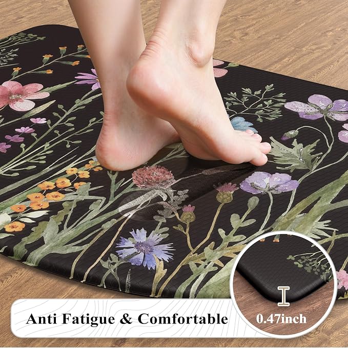 KIMODE Kitchen Mats Cushioned Anti Fatigue, 18"x28" Half Round Floral Kitchen Rug, Non Slip Waterproof Kitchen Floor Mats, Comfort Standing Mats for Laundry Office Sink Desk Black