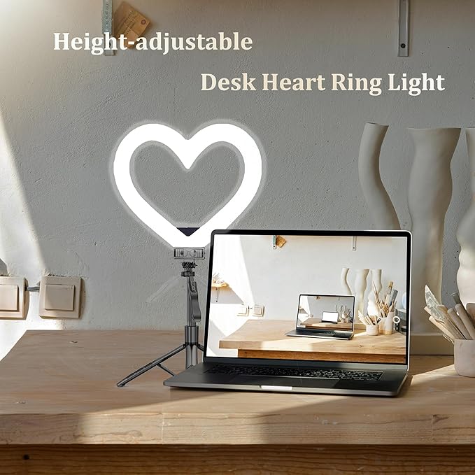 Heart Ring Light, 13" Desk Ring Light with Extendable Selfie Stick Stand for Laptop Video Conference Lighting with Phone Holder Height Adjustable 47 Color Modes for Live Stream/Makeup Compatible