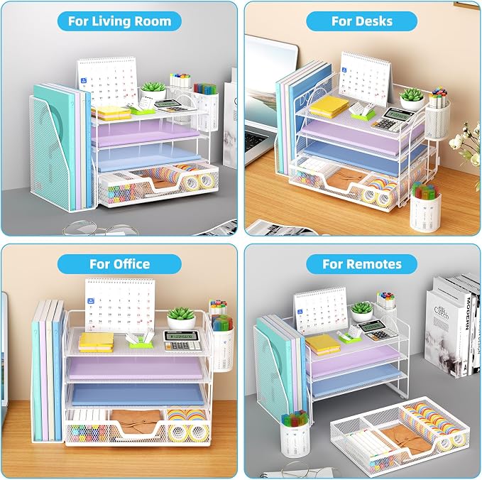 Marbrasse 4-Tier Paper Tray Organizer with Drawer and Pen Holder, White | Metal Mesh Desk Organizer, Built-in Drawer & 2 Pen Slots, fits letters/Files, for School Home Office Supplies