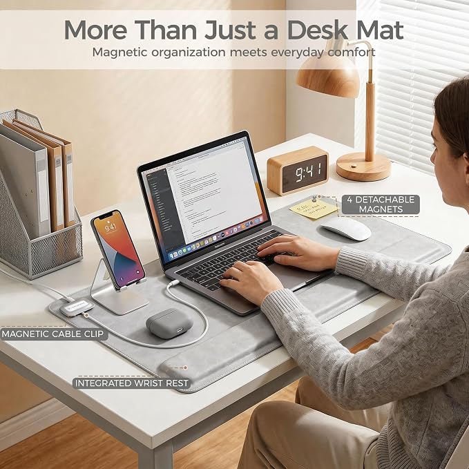 Magnetic Desk Mat System with Wrist Support 80×40cm, Premium Leather Desk Pad with Magnetic Accessories, Waterproof Non-Slip Desk Organizer for Office & Gaming