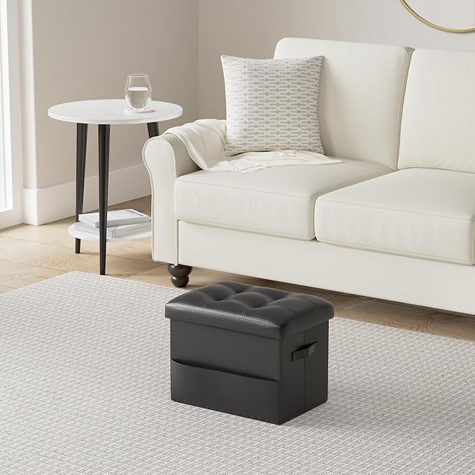 Storage Ottoman Foot Rest Stool with Thicker Foam Padded Seat. Foldable Leather Footstool Bench. Small Ottoman with Storage for Living Room Bedroom Coffee Table 350 lbs, 17x13x13in, Black.