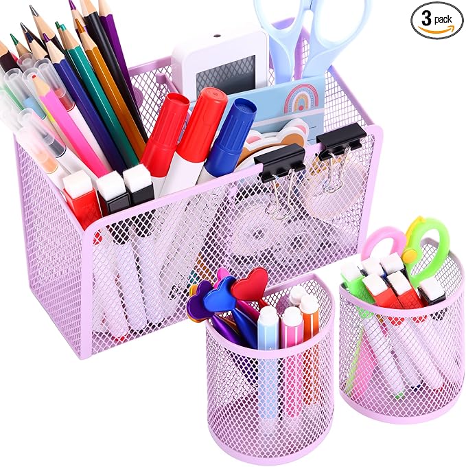 Sherr 3 Pcs Magnetic Pen Pencil Holder Set Magnets Wire Mesh Marker Holder Storage Basket for Locker Accessories Classroom Whiteboard Refrigerator and Home Wall, Macaron Color(Purple)
