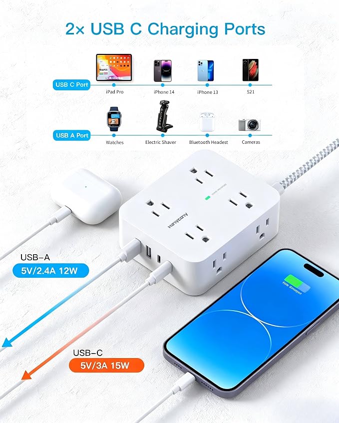 HANYCONY 10 Ft Braided Extension Cord with Ultra-Thin Flat Plug, 8 Widely Spaced Outlets & 4 USB Ports (2 USB C), 1080J Surge Protector Power Strip for Home Office, Dorm Room Essentials, Wall Mount