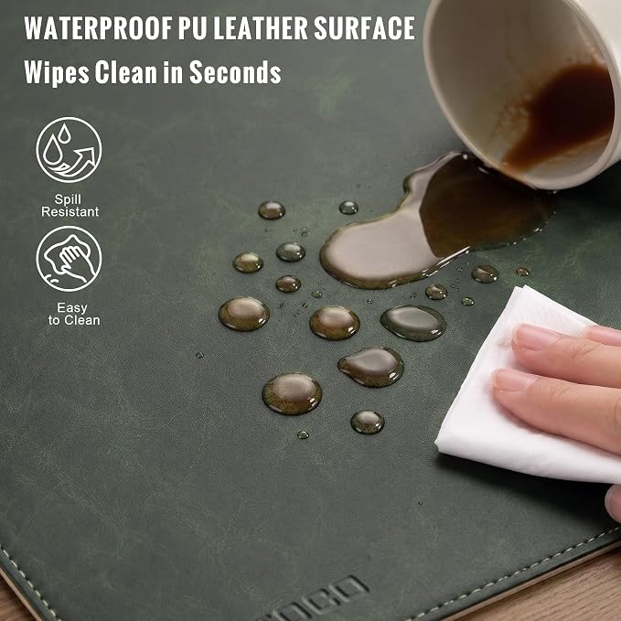 HAUTOCO Cork Desk Mat 31.5"x15.7", Distressed PU Leather & Cloth Desk Pad | Waterproof, Non-Slip, Stitched Edges, Dark Green Large Gaming Mouse Pad, Laptop Blotter & Desk Protector for Office and Home