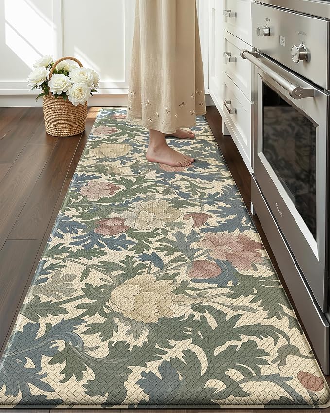 Color&Geometry Natural Floral Kitchen Mat 24x87 Anti Fatigue, Multi Color | 0.4in Thick Cushioned Standing Mat For Cooking/Working/Laundry, Flower Home Decor, Non Slip PVC Kitchen Rug, Oil/Water Proof