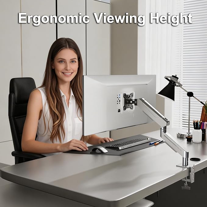 THEARK Single Monitor Desk Mount 17"-32" Screens - Adjustable Mechanical Monitor Arm Computer Monitor Stand up to 19.8 lbs,VESA Arm Desk Mount with C-Clamp and Grommet Base,VESA 75x75/100x100mm,Silver
