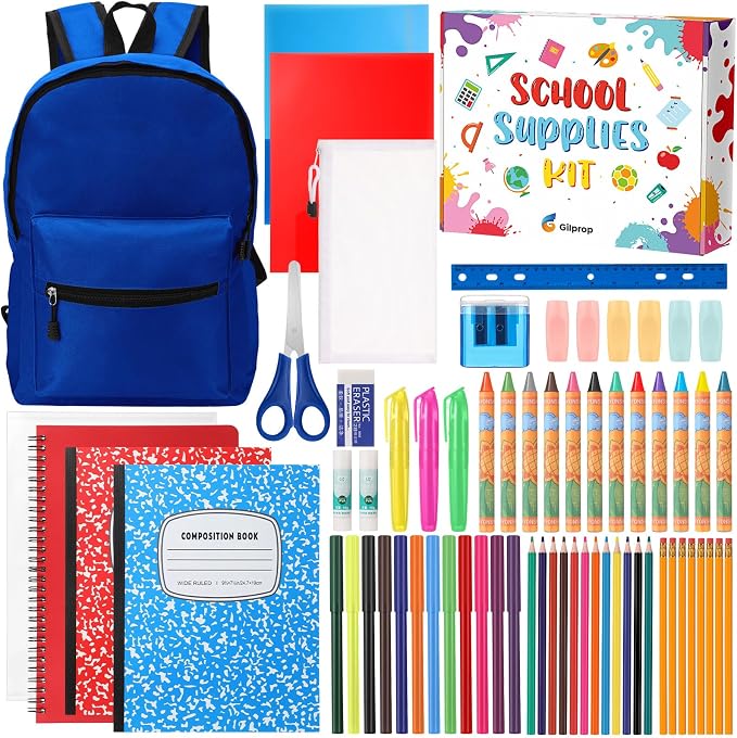 Gilprop 79 Pcs Back to School Supplies Box for Kids K-5 Students Elementary Middle School Supplies Kit Bundle Bulk Essential Pen Notebook Stationery for Primary Student Classroom(Navy Blue)