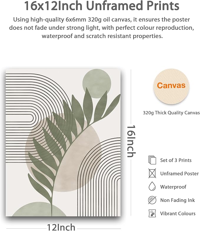 HesenDot Unframed Boho Sage Green Canvas Prints,12x16in Botanical Line Poster,Set of 3 Abstract Geometric Posters Decor,Minimalist Modern Green Artwork for Living Room Bedroom Bathroom Home, Unframed