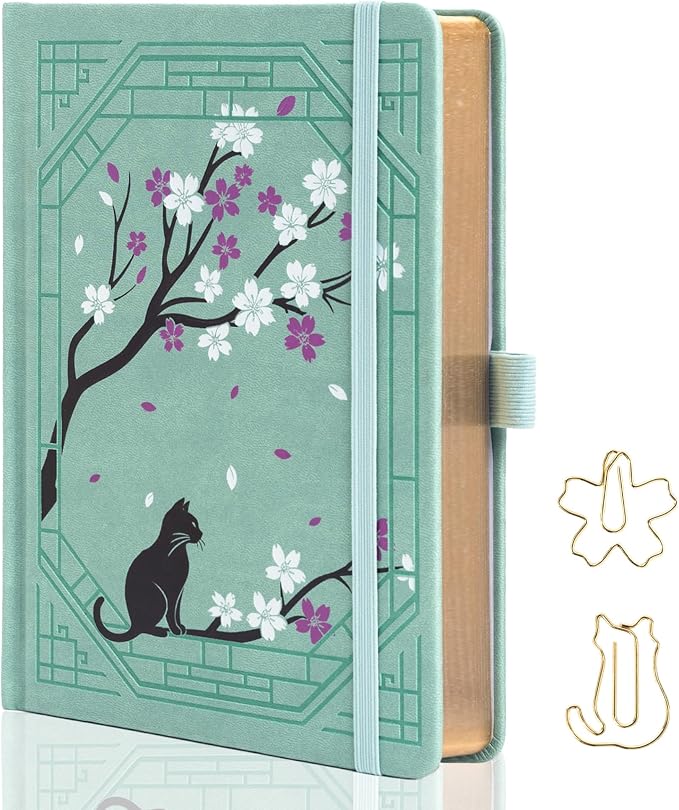 TIEFOSSI A5 Dotted Journal, Cute Cat Journal for Women Girls, Dot Notebook with Pretty Sakura Pattern, Aesthetic Diary for Writing Journaling Drawing, Golden Edges