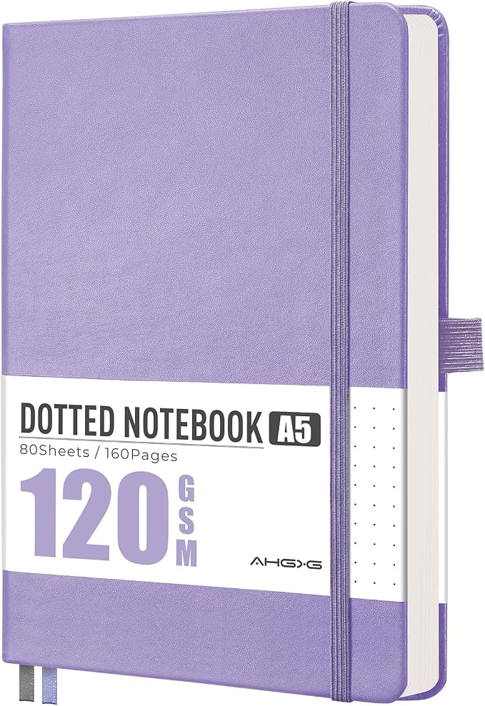 AHGXG Dotted Journal Notebook, 160 Numbered Pages, A5 Medium Size (5.7'' x 8.3''), 120 GSM Thick Paper, Leather Hardcover, for Journaling, Planning, Tracking (Light Purple)