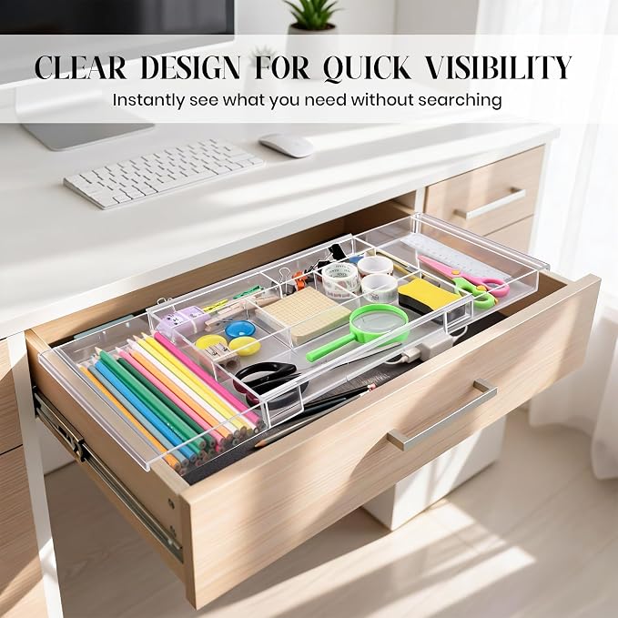4pack Shallow Expandable Drawer Organizer, Adjustable 12.5”–20” Clear Plastic Drawer Organizer Tray for Vanity Bathroom Desk Kitchen Drawers, Multi Compartment Storage