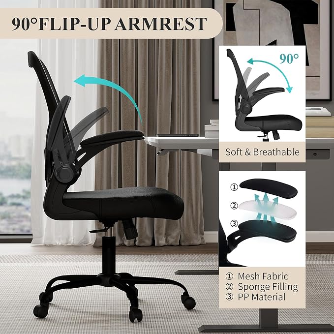 Flysky Mesh Office Chair, Ergonomic Computer Desk Chairs for Home Office - with Comfy/Comfortable Flip-up Arm Rests, Lumbar Support, Height Adjustable, 360 Degree Rolling Swivel (Black, 2 Pack)