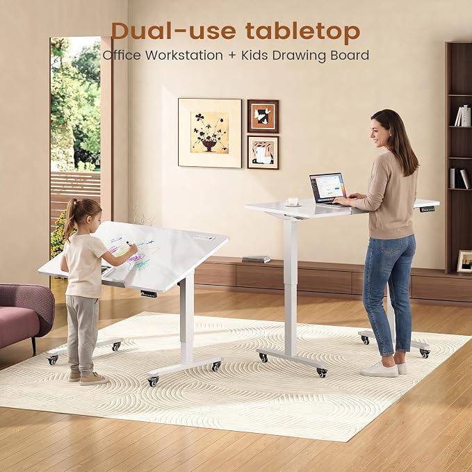 SEDETA 47x24'' Foldable Electric Standing Dry Erase Board Desk with Wheels | 180° Tiltable Mobile Rising Computer Desk Height Adjustable for Drawing/Writing/Gaming/Study/Home Office/Small Space