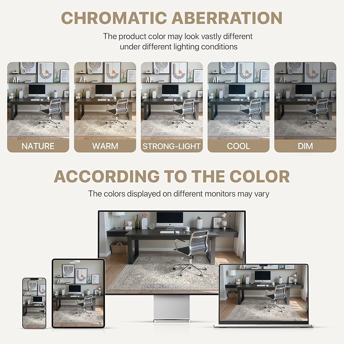 36"x60" Office Chair Mat for Hardwood Tile Floor, Under Desk Carpet Protector for Rolling Computer Chair Mat, Machine Washable Area Rug, Anti-Slip 1/5" Thick Low Pile Thin Floor Mat, Khaki Blue