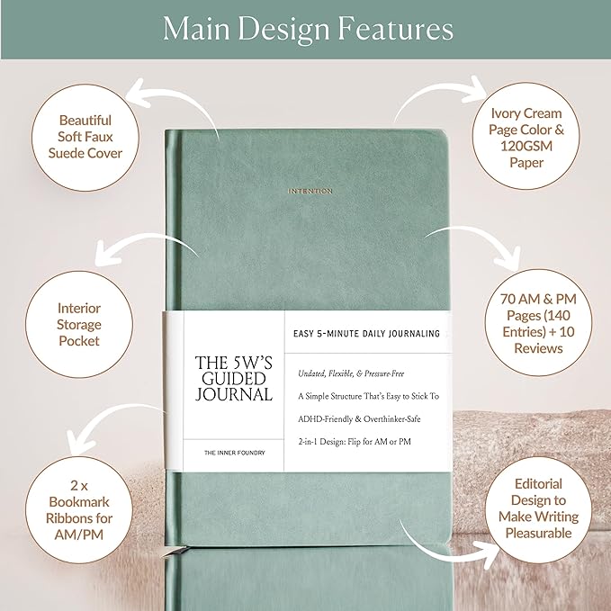 5 Minute Daily Guided Journal for Women | Low Pressure Self-Care and Wellness Journal with Prompts – 2 Sided AM & PM Entries and Brain Dump | Anxiety Relief Item & ADHD Friendly Gift - The 5W's Guided Journal