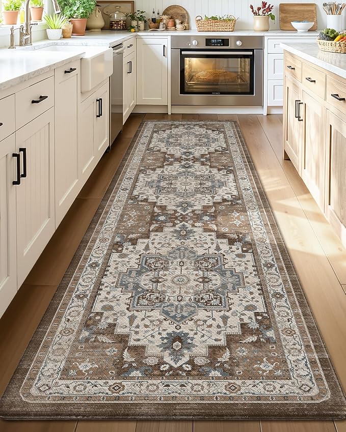 Color&Geometry Kitchen Floor Mat 24x87 Faded Vintage Anti Fatigue, Brown | 0.4in Cushion Standing Mat For Cooking/Working/Laundry, Boho Decor, Non Slip PVC Kitchen Rug, Oil/Water Proof, Anti Slip