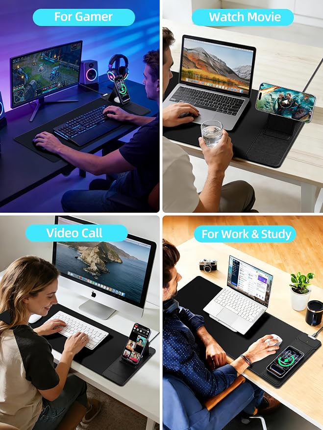 Mouse Pad with Magnetic Wireless Charging & Adjustable Phone Stand | 27.5"x11.8" Computer Keyboard Pad Mat with Anti-Slip Base & Stitched Edge, Easy Gliding, Spill-Resistant Surface, Black