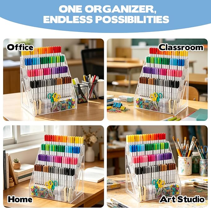 5 Tier Acrylic Desk Organizer with 25 Compartments Clear Pen Holder for Pens Pencils Markers and Art Supplies Large Capacity Desk Storage Rack for Home Classroom Office and Art Studio
