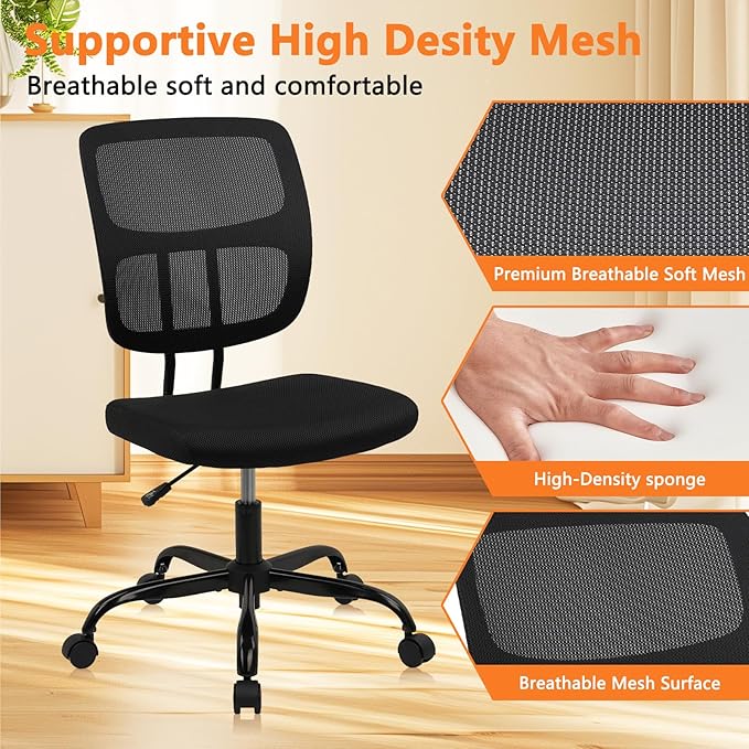 CLATINA Armless Home Office Chair, Small Ergonomic Mesh Back Desk Chair with Lumbar Support and Wheels, Adjustable Height 360° Swivel Rolling Computer Chair for Conference Waiting, Black, 6Pack