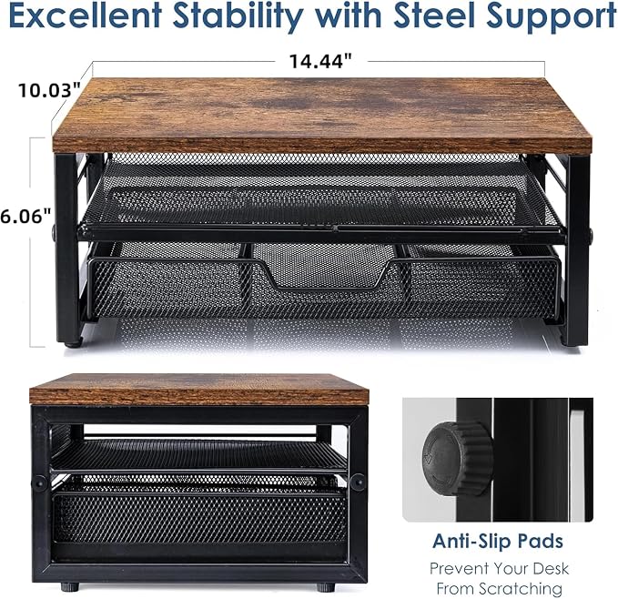 ARCOBIS Monitor Riser with Drawers and Pen Holders | Wood & Mesh Metal Computer Monitor Stand with Storage for Desk, Rustic Brown